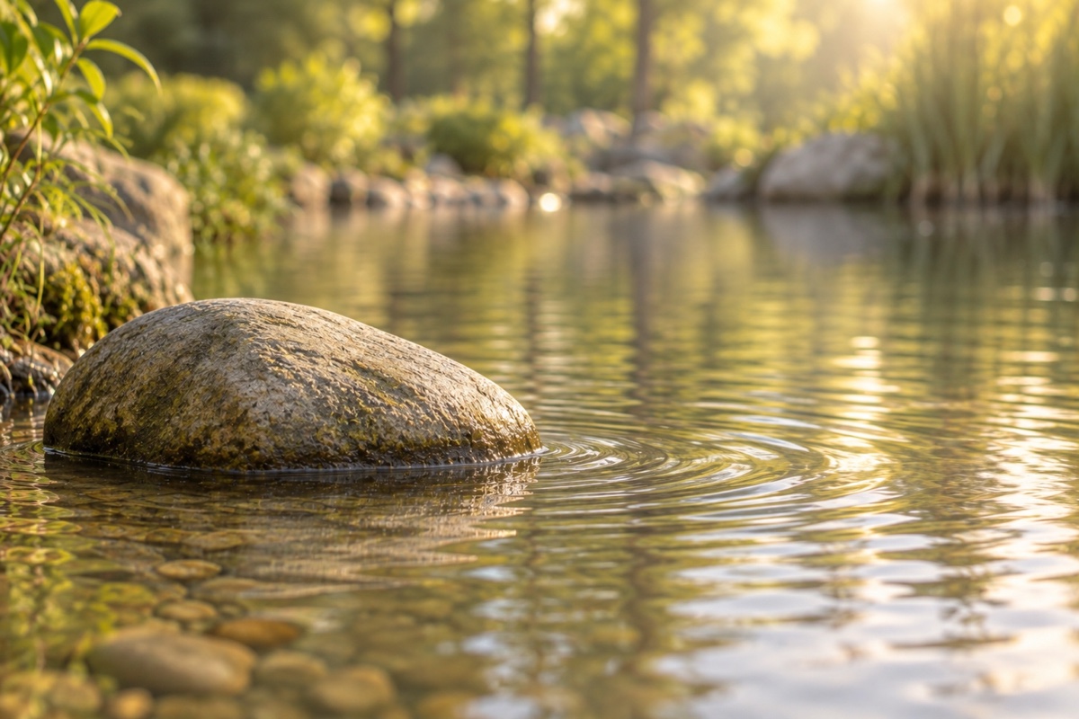 Ein Stein in ruhigem Wasser am grünen Ufer
